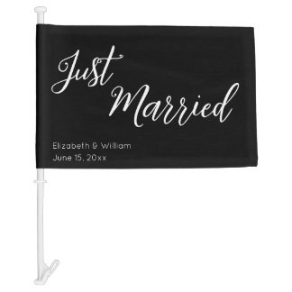 Just Married Black White Script Bride Groom Names Car Flag