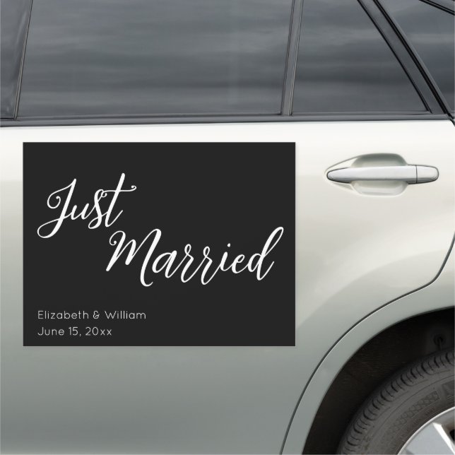 Just Married Black White Script Bride Groom Names Car Magnet (In Situ)