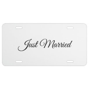 Just Married black white script elegant License Plate