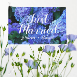 Just Married Blue Hydrangea Wedding Newlyweds Car Flag