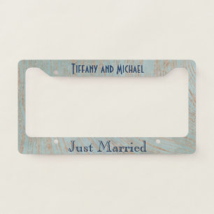 Just Married Blue Marble Print and Copper License Plate Frame