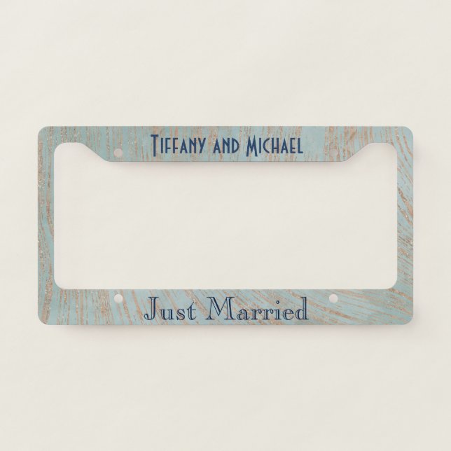Just Married Blue Marble Print and Copper License Plate Frame (Front)