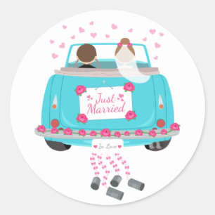Just Married Blue Pink Bride Groom Wedding Classic Round Sticker
