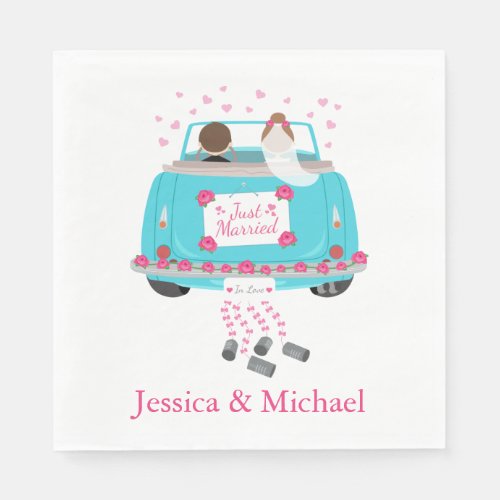 Just Married Blue Turquoise  Pink Wedding Car Napkins