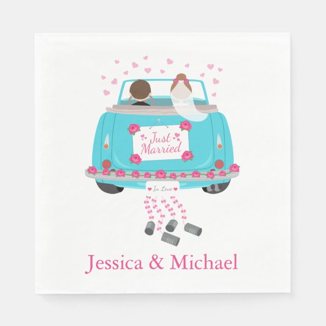 Just Married Blue Turquoise & Pink Wedding Car Napkins (Front)