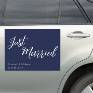 Just Married Blue White Script Bride Groom Names Car Magnet