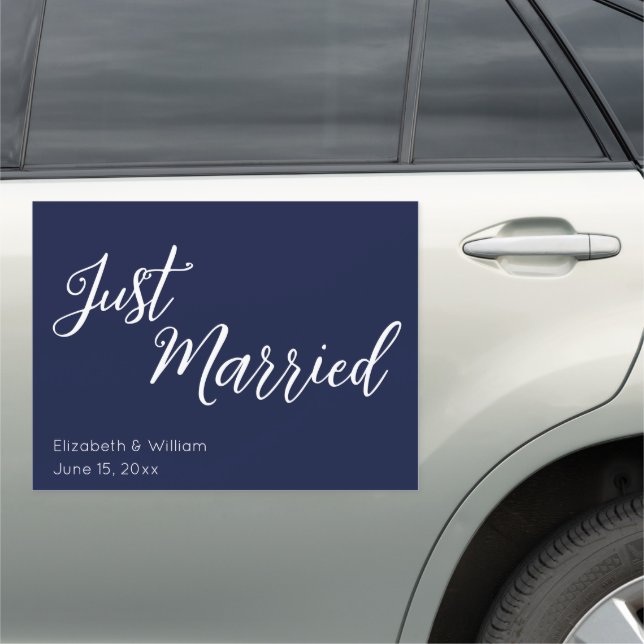 Just Married Blue White Script Bride Groom Names Car Magnet (In Situ)