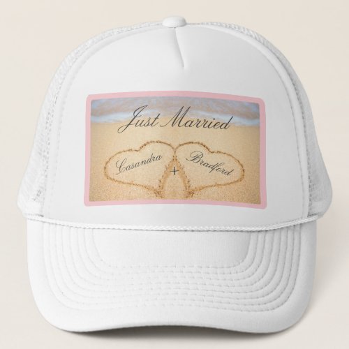 Just Married Blush Pink Beach Wedding 2 Heart  Trucker Hat