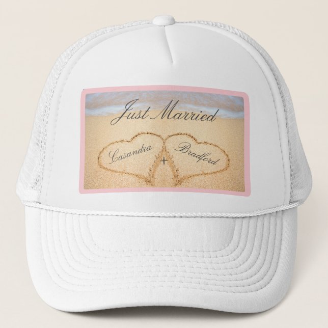 Just Married, Blush Pink Beach Wedding 2 Heart  Trucker Hat (Front)
