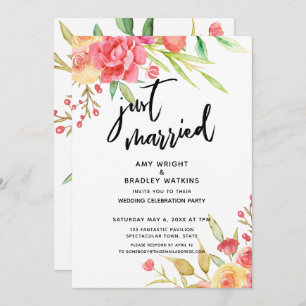 Just Married Boho Flowers Wedding Reception Invitation