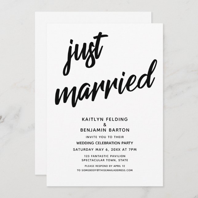 "Just Married" Bold Script Wedding Reception Event Invitation (Front/Back)