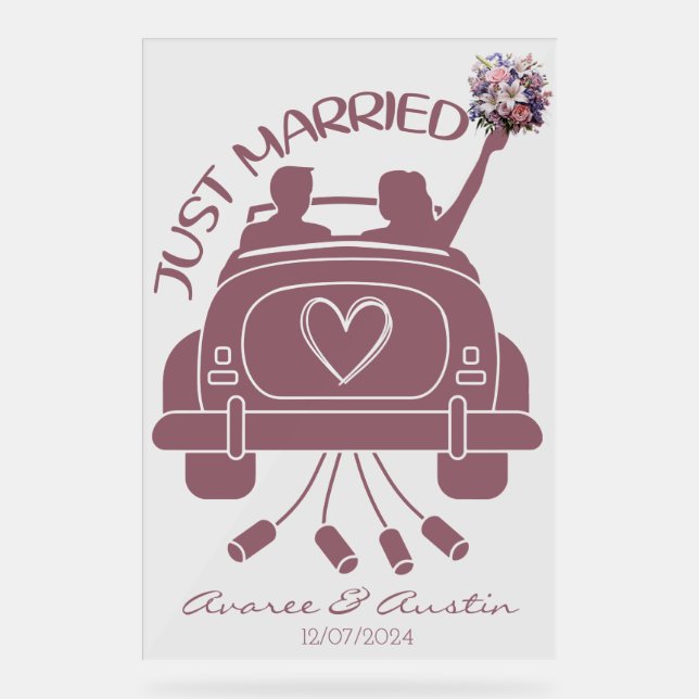Just Married Bridal Bouquet Vintage Car Acrylic Sign (Front)