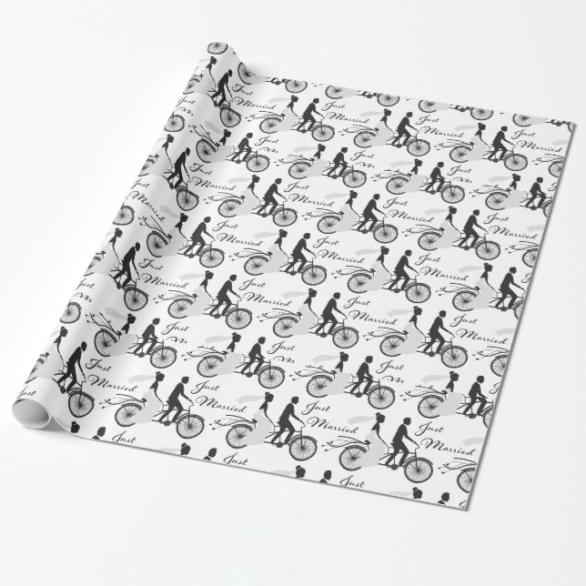 Just Married Bride and Groom Bicycle Wrapping Paper (Unrolled)
