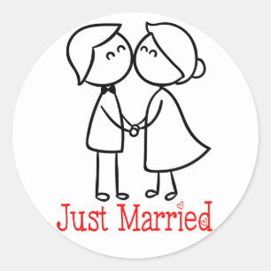 Just Married Bride And Groom Cartoon Wedding Classic Round Sticker