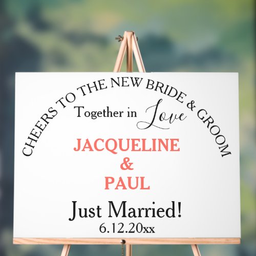 Just Married Bride and Groom Coral Names White Acrylic Sign