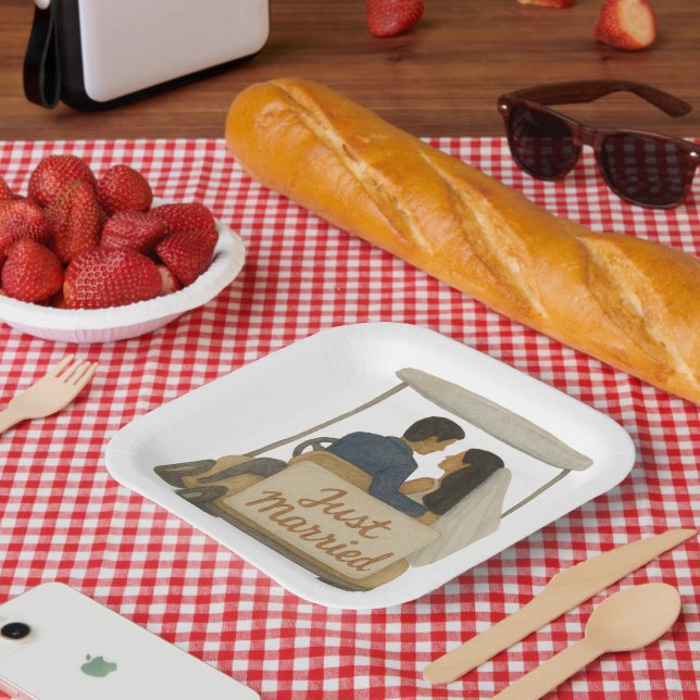 'Just Married' Bride and Groom in a Golf Cart  Paper Plates (Picnic)