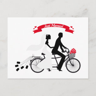 Just married bride and groom on tandem bicycle announcement postcard