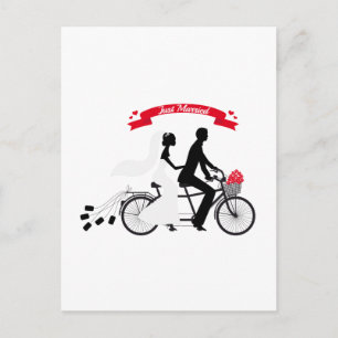 Just married bride and groom on tandem bicycle announcement postcard