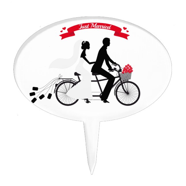 Just married bride and groom on tandem bicycle cake topper (Front)