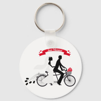 Just married bride and groom on tandem bicycle keychain