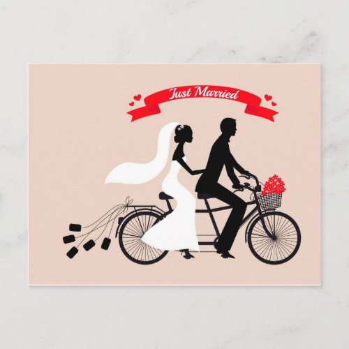 Just married bride and groom on wedding bicycle announcement postcard