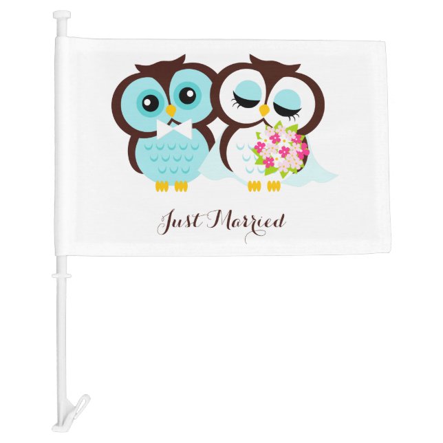 "Just Married" Bride and Groom Owls Car Flag (Front)