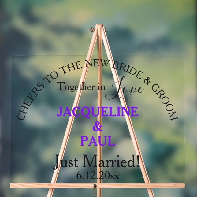 Just Married Bride and Groom Violet Names Clear Acrylic Sign (Neutral)