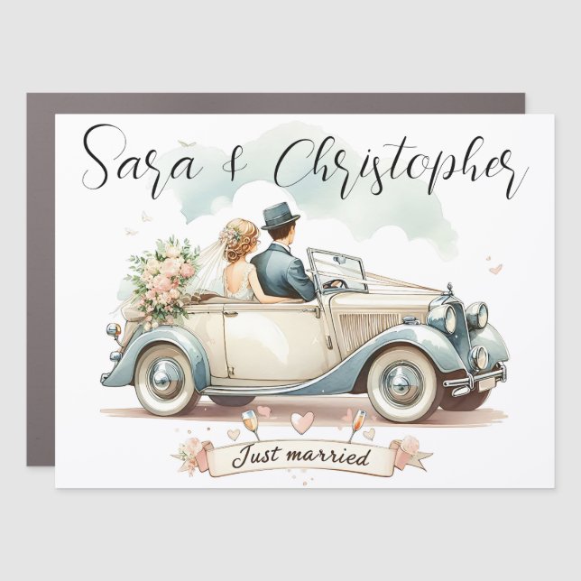 Just married bride and groom wedding car magnet (Front)