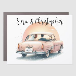 Just married bride and groom wedding car magnet