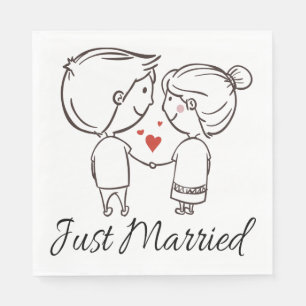 Just Married Bride Groom Cartoon Black Wedding Paper Napkins