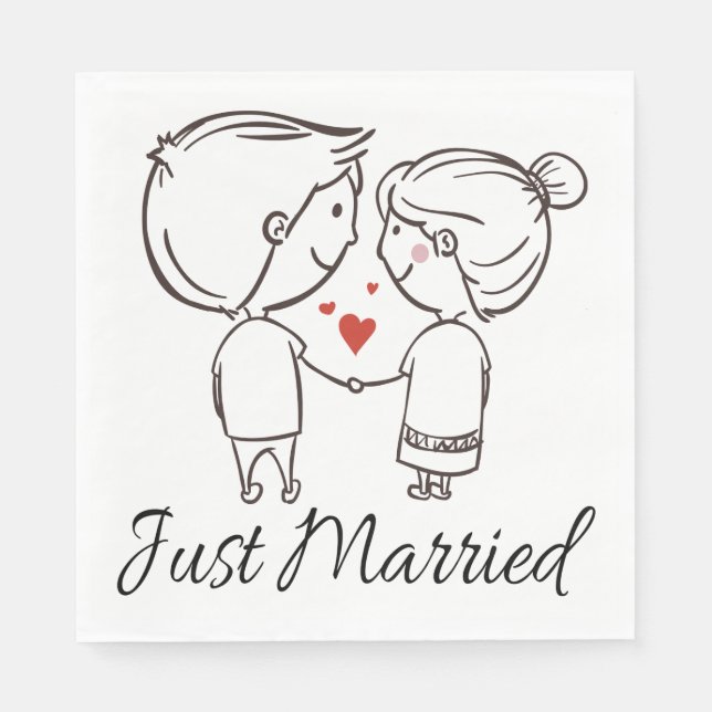 Just Married Bride Groom Cartoon Black Wedding Paper Napkins (Front)