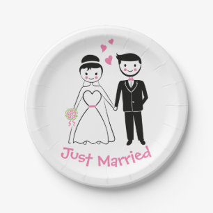 Just Married Bride Groom Pink Black Wedding Paper Plates