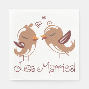 Just Married Brown & White Lovebirds Wedding Napkins