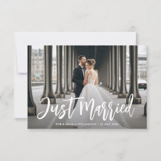 Just married brush script wedding announcement