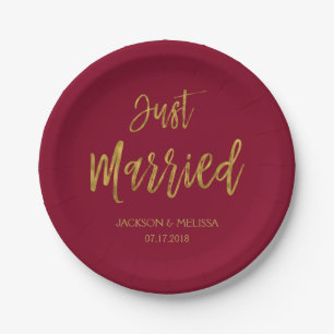 Just Married Burgundy and Gold Foil Paper Plates