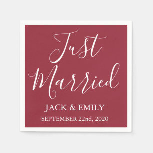Just Married Burgundy and White Napkins