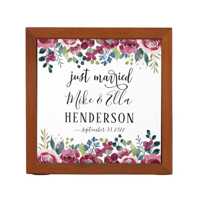 Just Married Burgundy Radiant Bloom Desk Organizer (Front)