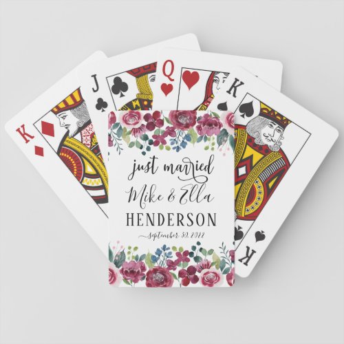 Just Married Burgundy Radiant Bloom Playing Cards