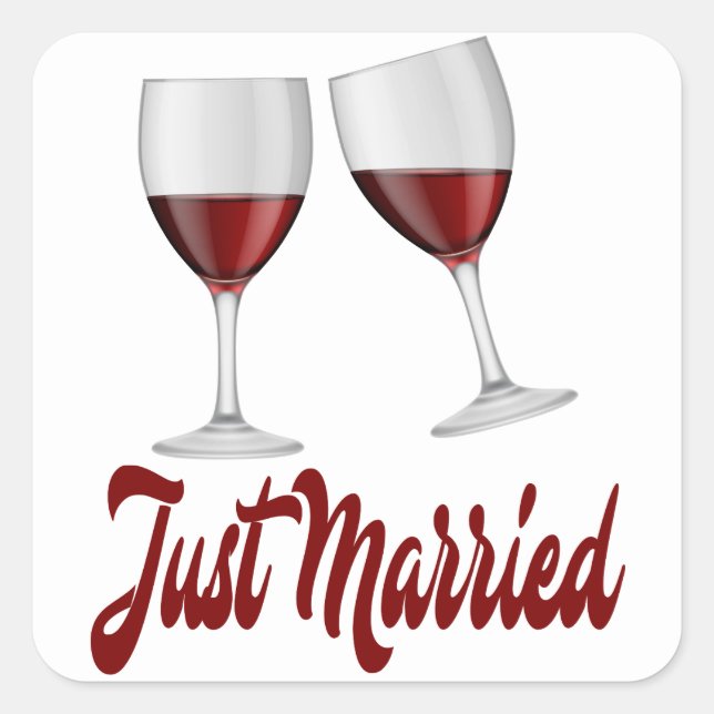 Just Married Burgundy Red Wine Glasses Square Sticker (Front)