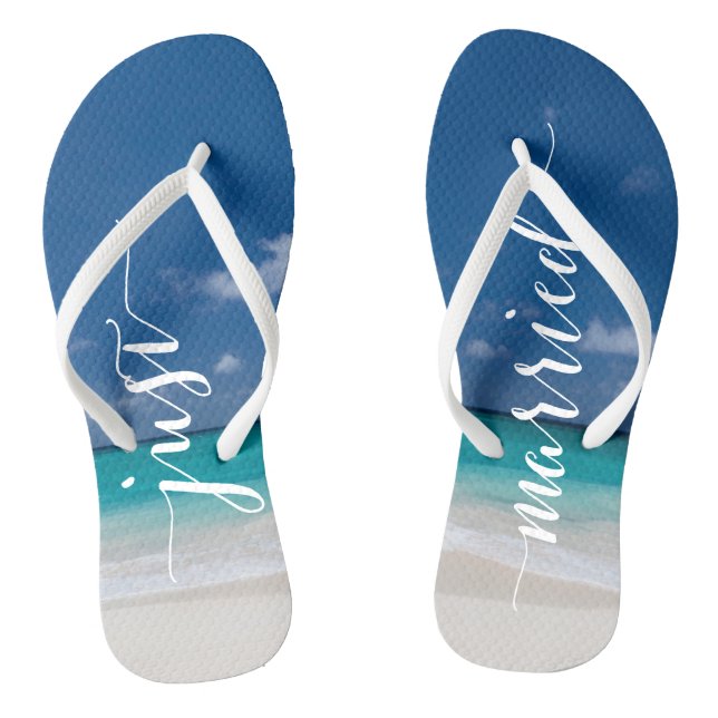 Just Married Calligraphy Beach Wedding Flip Flops (Footbed)