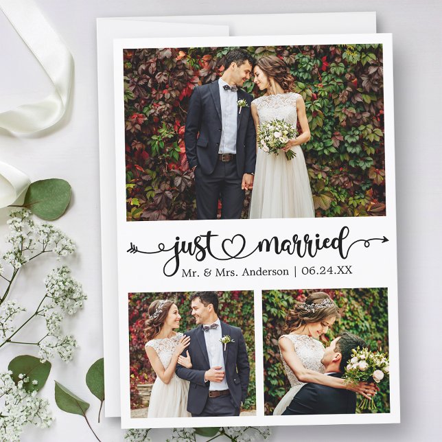 Just Married Calligraphy Heart 3 Photo Wedding Announcement (Customize to change your personalized text size, text style or to add text to back of card.)