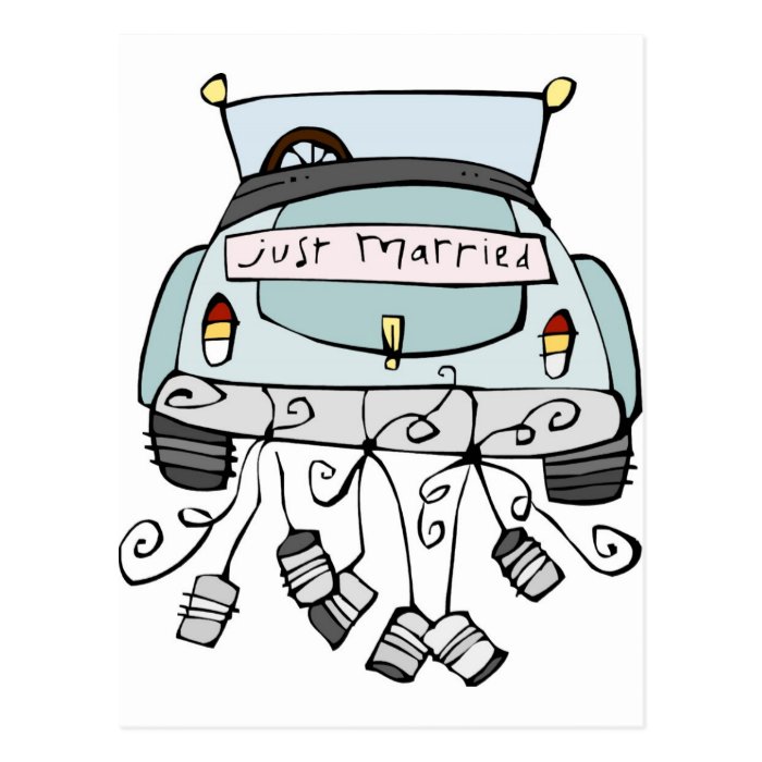 Just married car dragging cans postcard