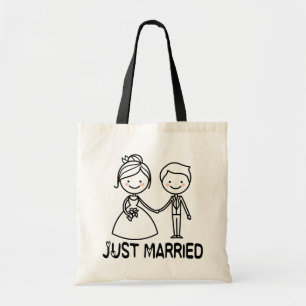 Just Married Cartoon Bride & Groom Black Wedding Tote Bag