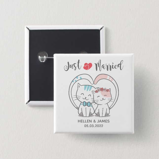 Just Married Cat Wedding Button (Front & Back)