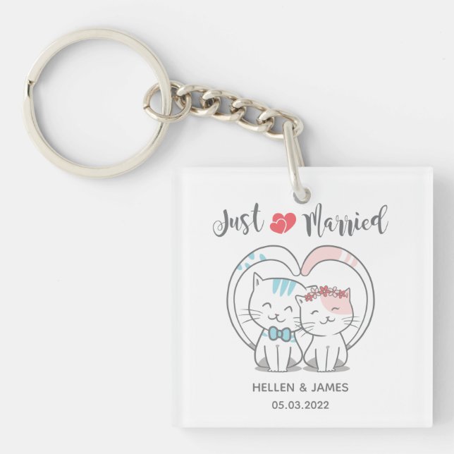 Just Married Cat Wedding  Keychain (Front)