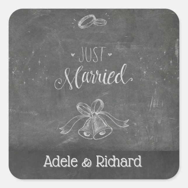 Just Married Chalkboard Wedding Personalized Square Sticker (Front)