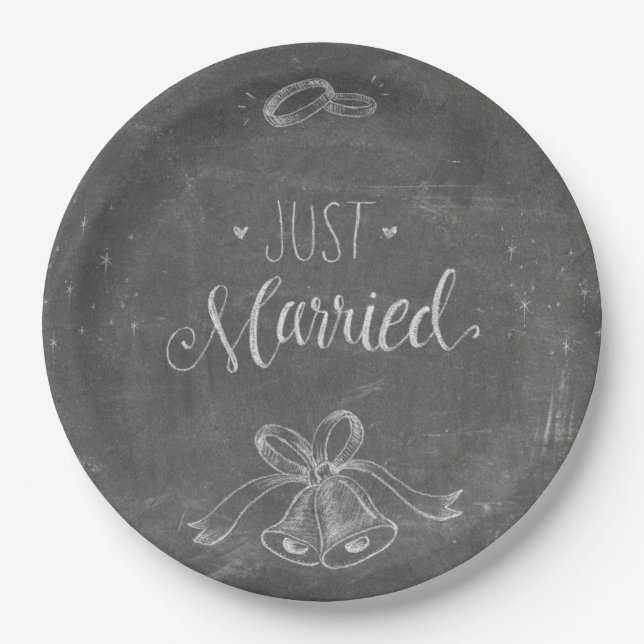 Just Married Chalkboard Wedding Rings and Bells Paper Plates (Front)