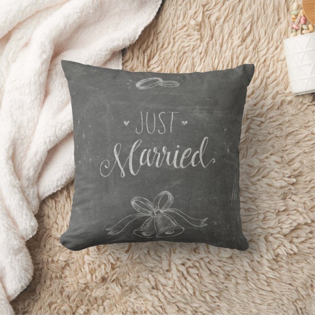 Just Married Chalkboard Wedding Rings and Bells Throw Pillow (Blanket)