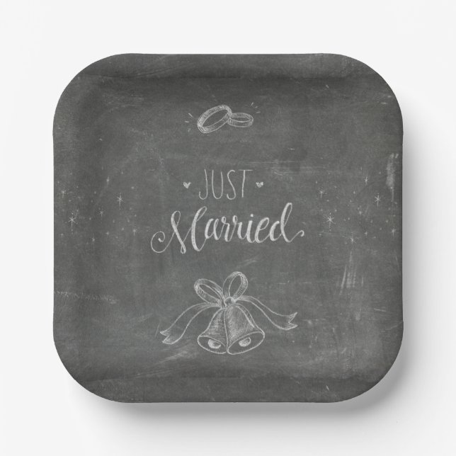 Just Married Chalkboard Wedding Rings Bells Square Paper Plates (Front)