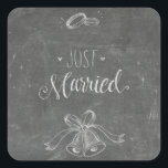 Just Married Chalkboard Weddings Rings and Bells  Square Sticker<br><div class="desc">Great stickers for a wedding reception or for wedding party favors.
Matching "just married" chalkboard accessories available.</div>